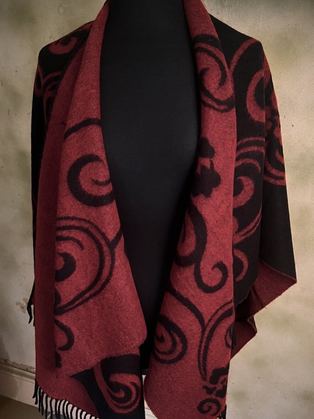 Modena Reversible Black & Red Swirl Fringe Wrap Poncho Cape One Size